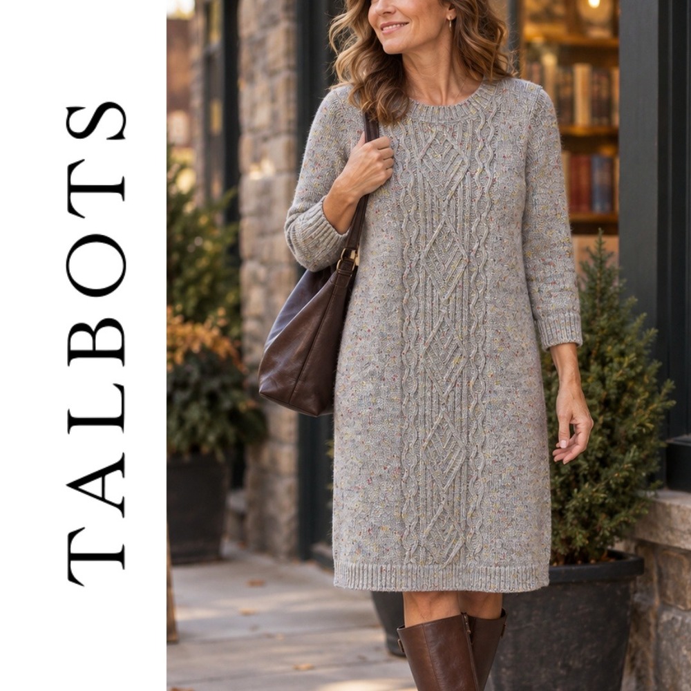 Talbots, Gray Cable Knit Sweater Dress Flecked BD3027 Size Medium Confetti